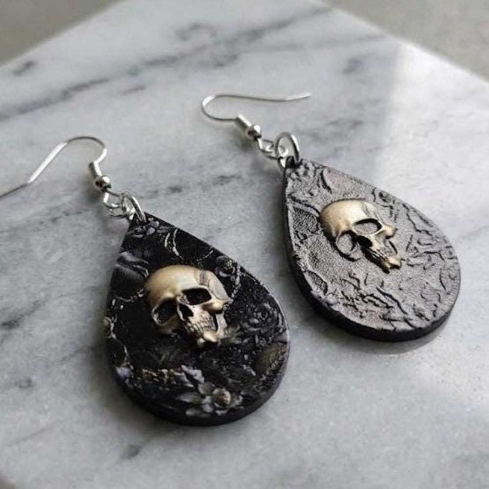 Handmade Earrings Skull Gray Floral Textured Silver Tone Dangle Teardrop